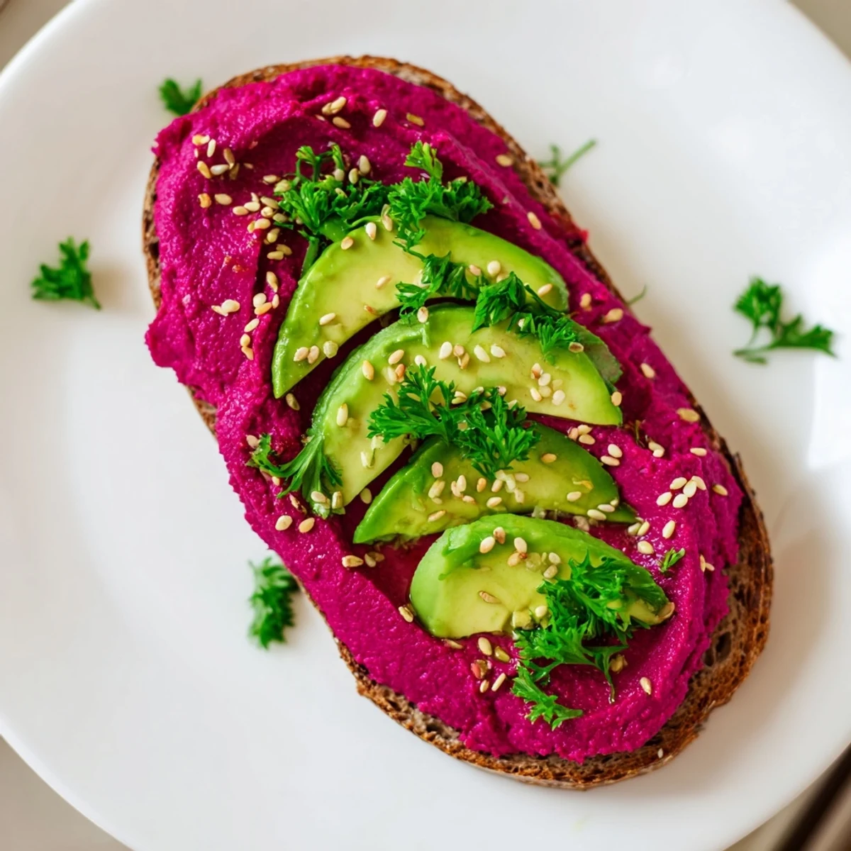 Colorful open-faced avocado beet hummus toast arranged on a wooden board with fresh parsley garnish