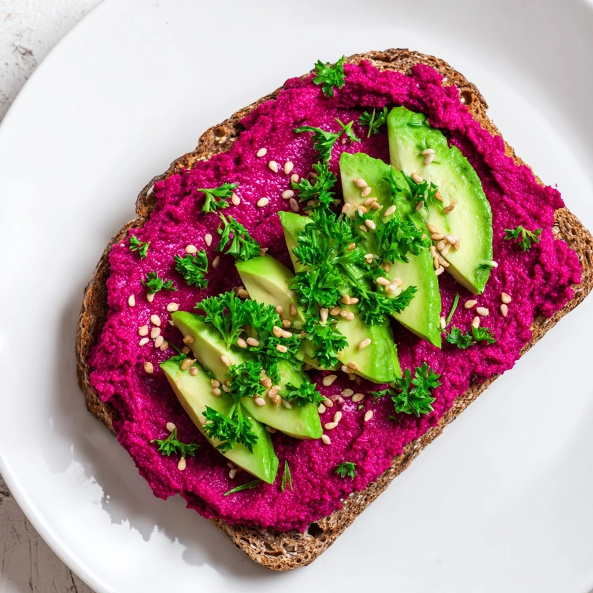 Two slices of crusty sourdough topped with creamy avocado and bright magenta avocado beet hummus toast spread
