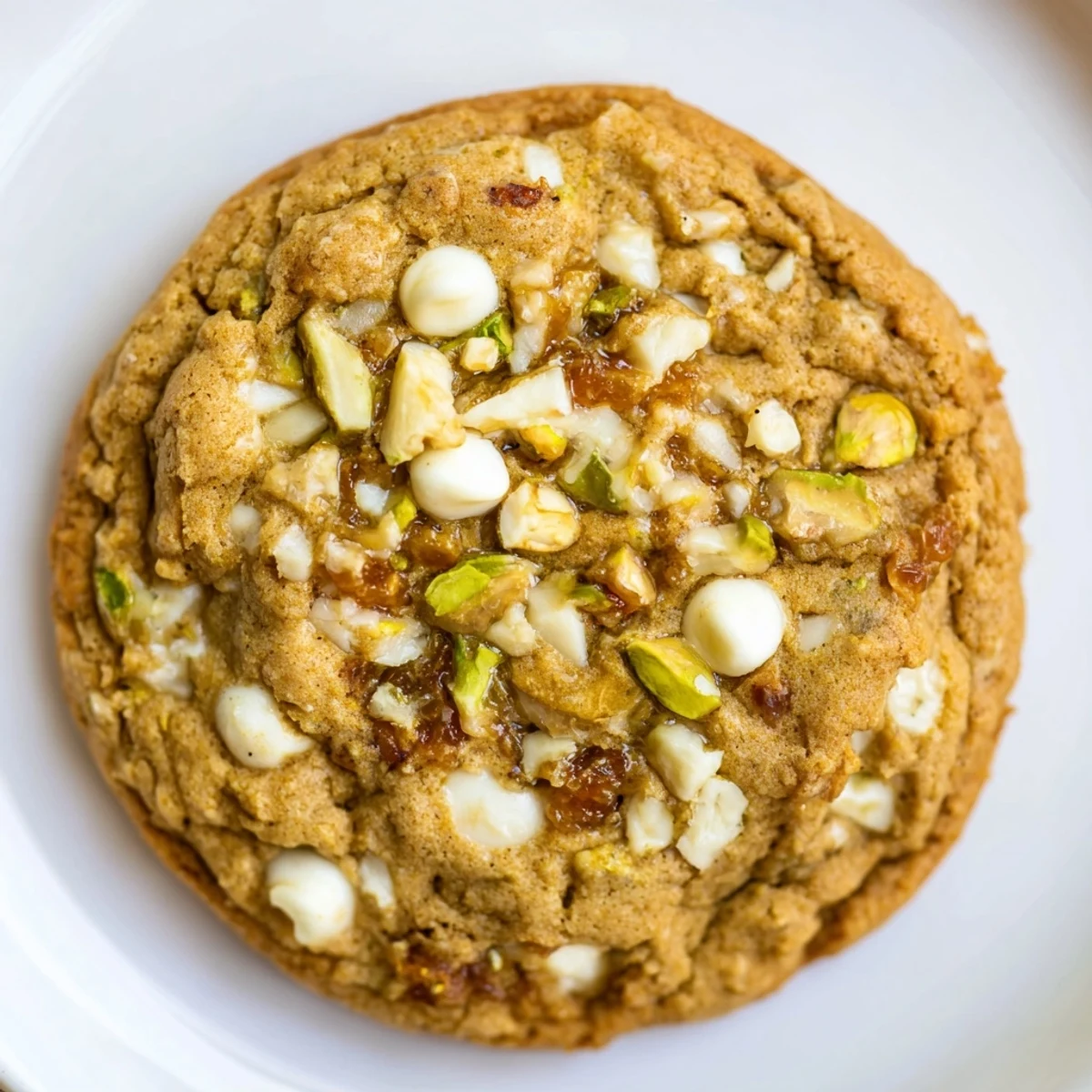 Golden brown Dubai chewy cookie studded with chopped pistachios and sweet dates on a white plate