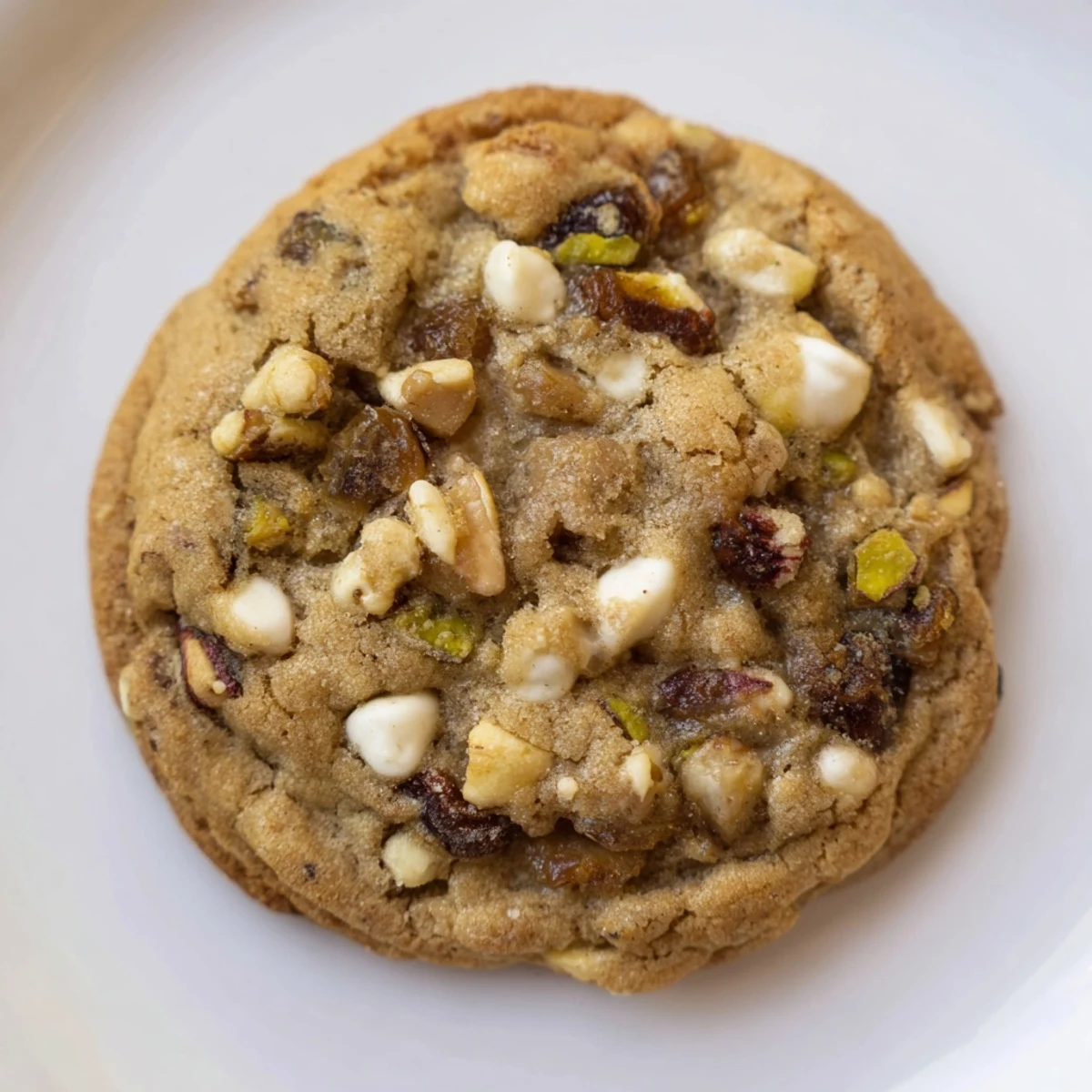 Freshly baked Dubai chewy cookie with soft center featuring cardamom spiced dough and vibrant green pistachios
