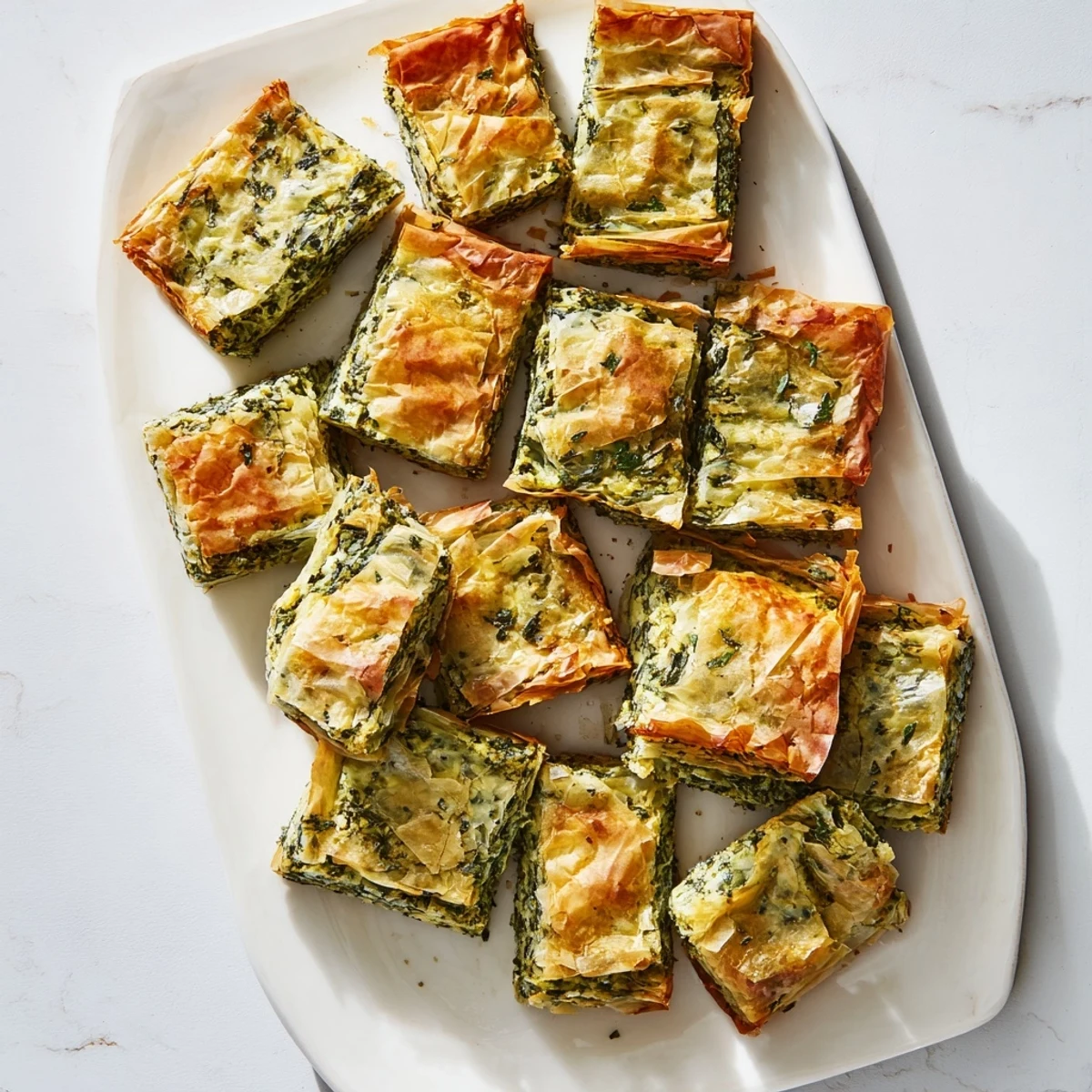 Crispy baked authentic Greek spanakopita glistening with olive oil on a rustic wooden board