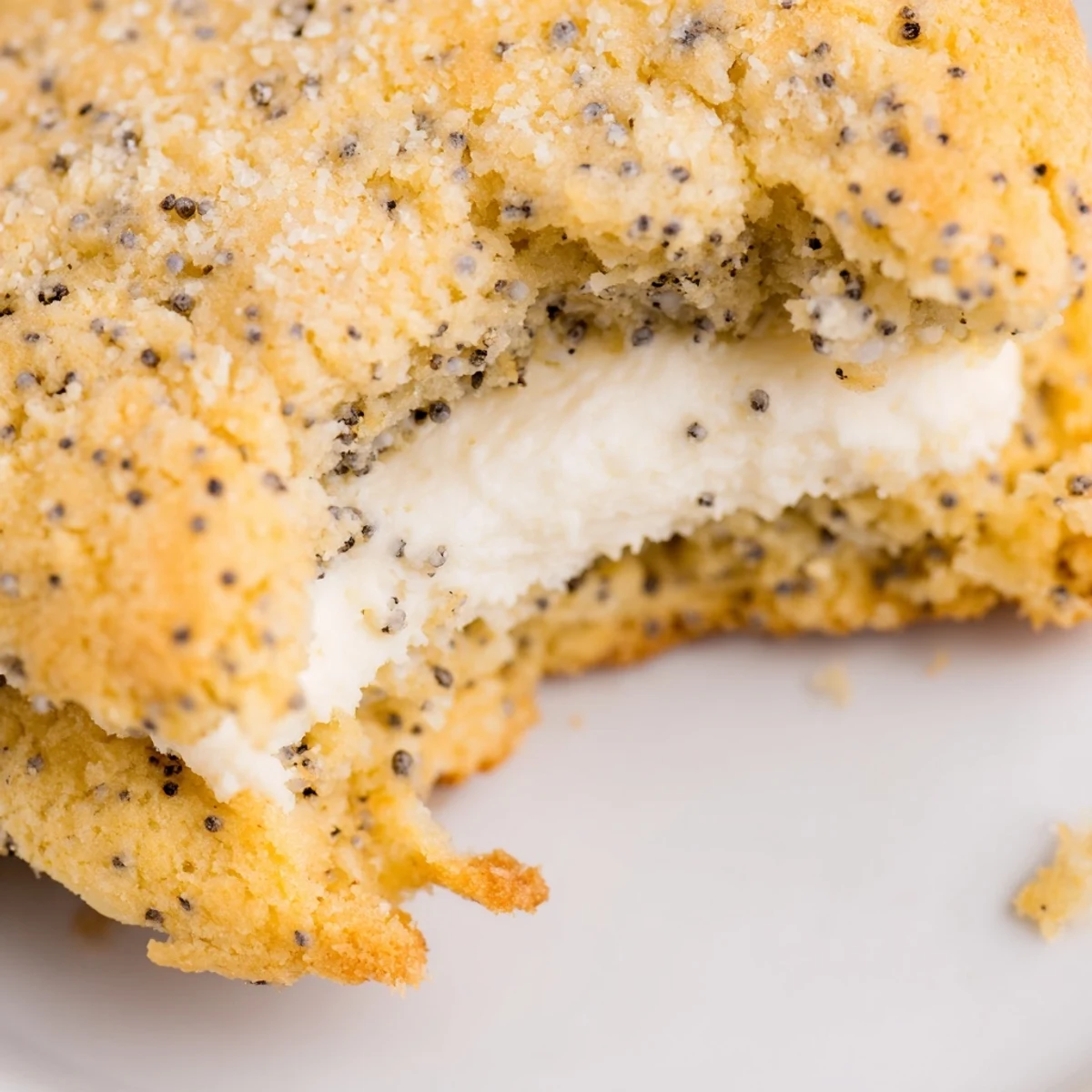 Golden lemon poppy seed cheesecake cookies with creamy white centers and speckled tops