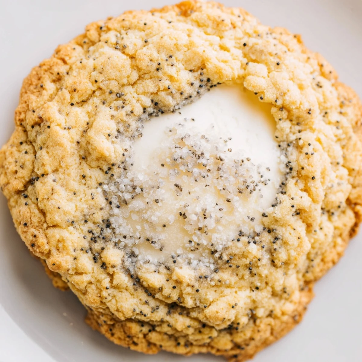 Soft baked lemon poppy seed cheesecake cookies oozing tangy filling on white plate