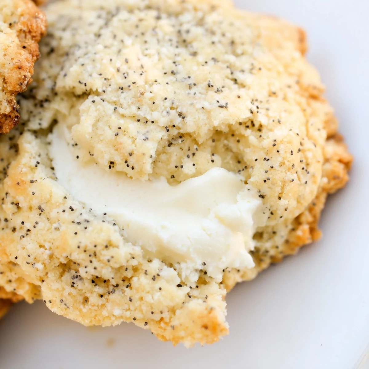 Fresh lemon poppy seed cheesecake cookies dusted in sugar with visible poppy seeds