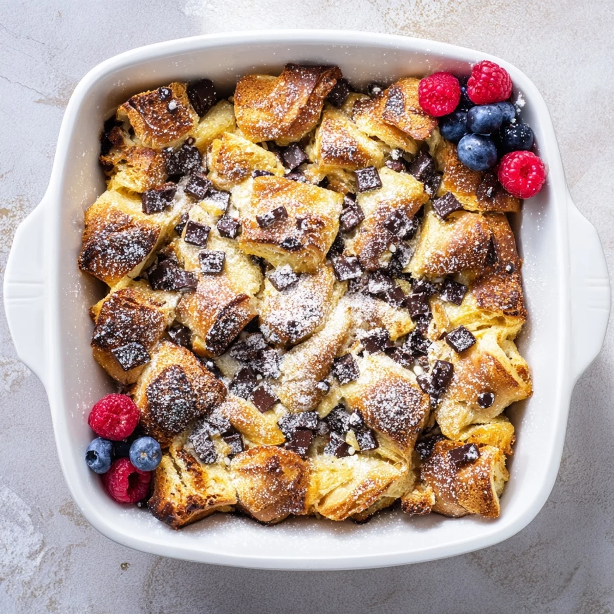 Golden chocolate croissant breakfast bake with melted chocolate chips and toasted croissant pieces