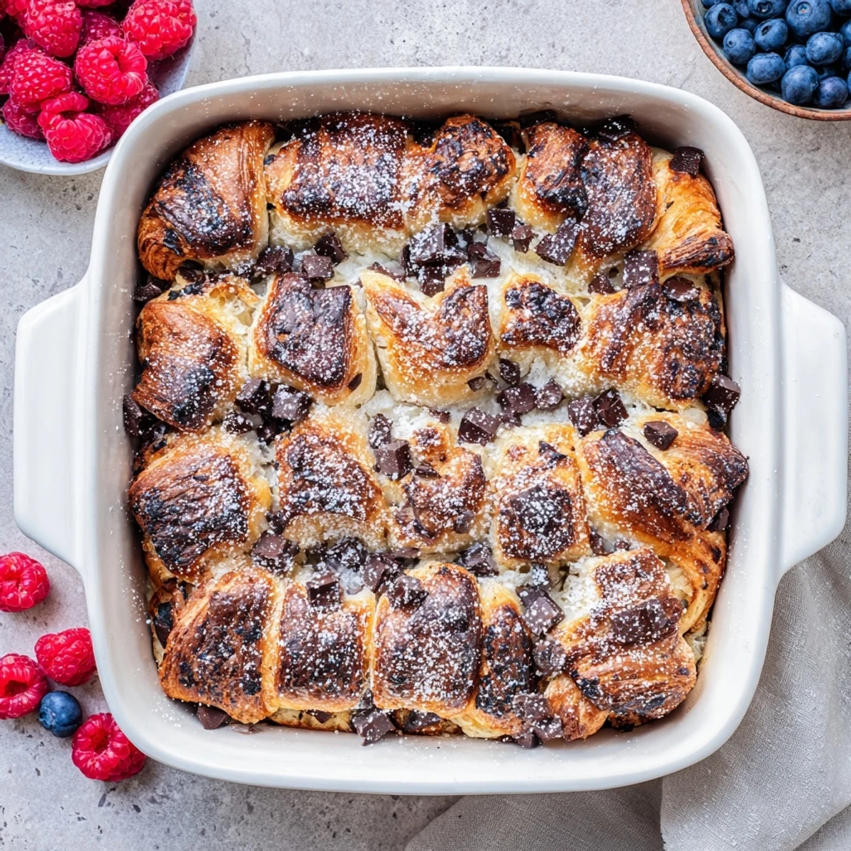 Buttery croissant breakfast bake casserole with rich chocolate custard and powdered sugar topping