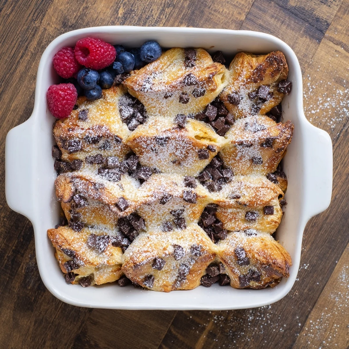 Warm chocolate croissant breakfast bake served fresh from oven with berries on side