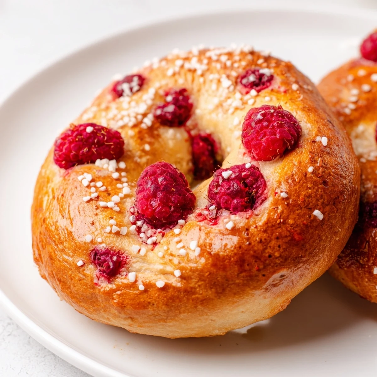 Homemade raspberry sourdough bagels topped with Demerara sugar on wooden board