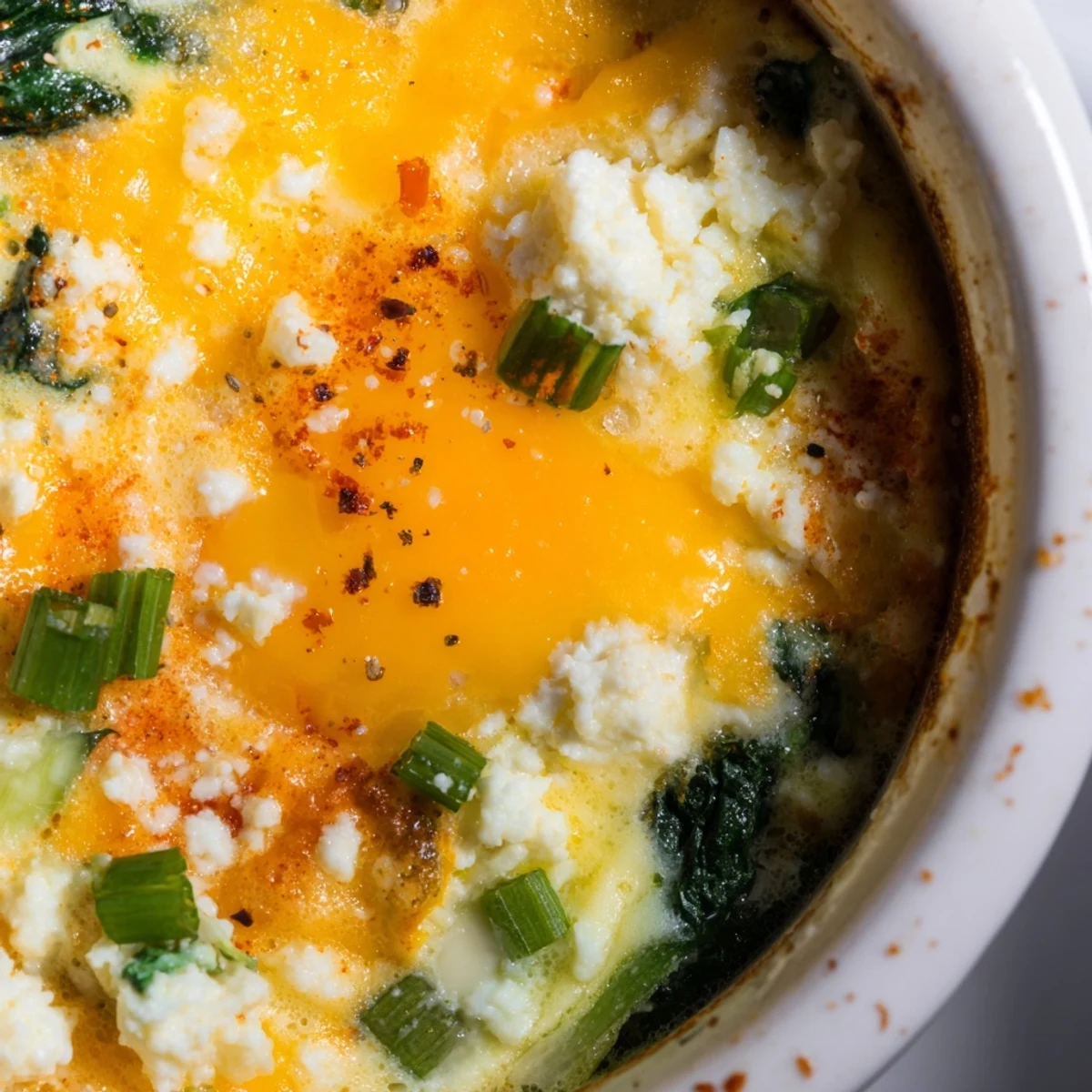 Wholesome baked cottage cheese breakfast with spinach and perfectly set egg yolks