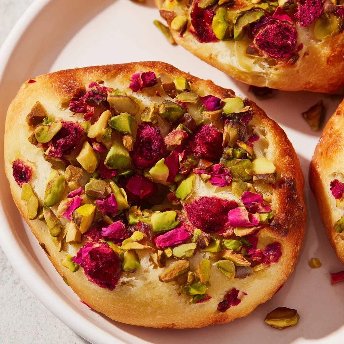 Freshly baked raspberry pistachio sourdough bagels topped with crunchy nuts and colorful fruit pieces on a wooden board
