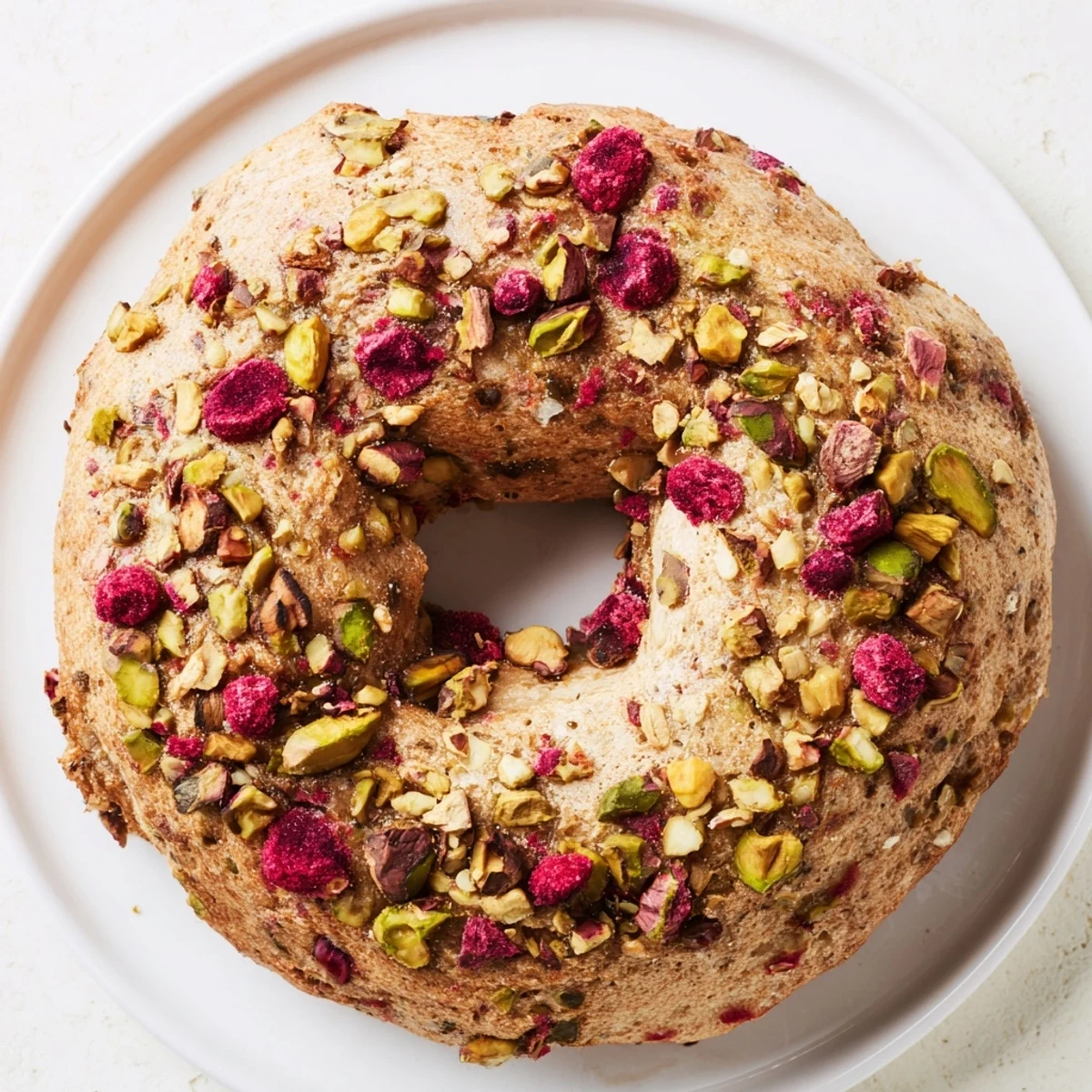 Golden brown sourdough bagels studded with bright red raspberries and green pistachios, sliced open revealing soft chewy interior