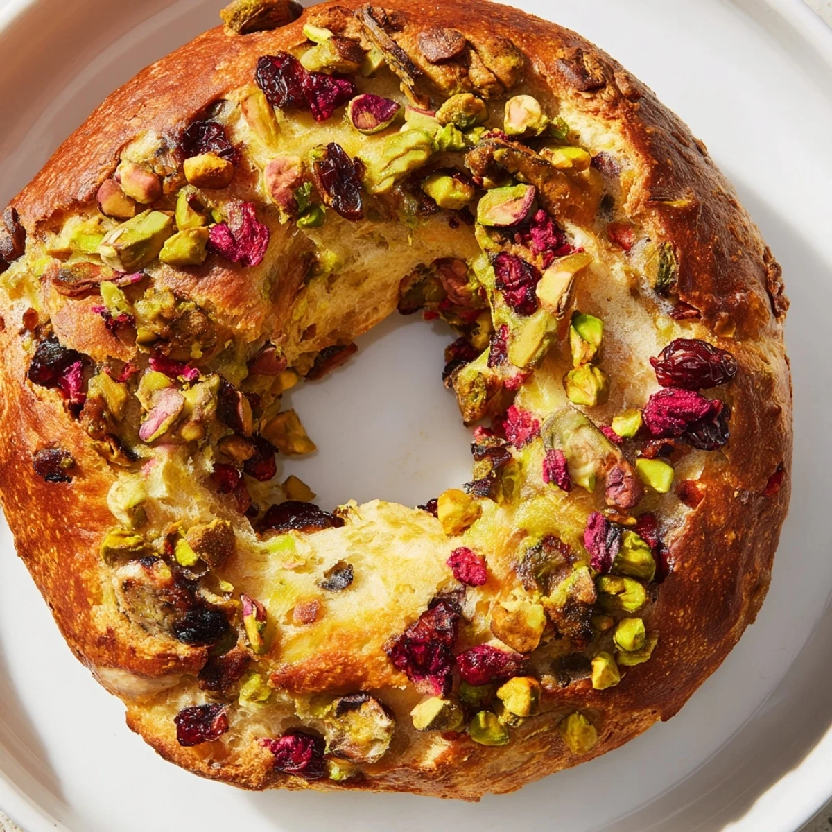 Homemade raspberry pistachio sourdough bagels cooling on wire rack after being boiled and baked to golden perfection