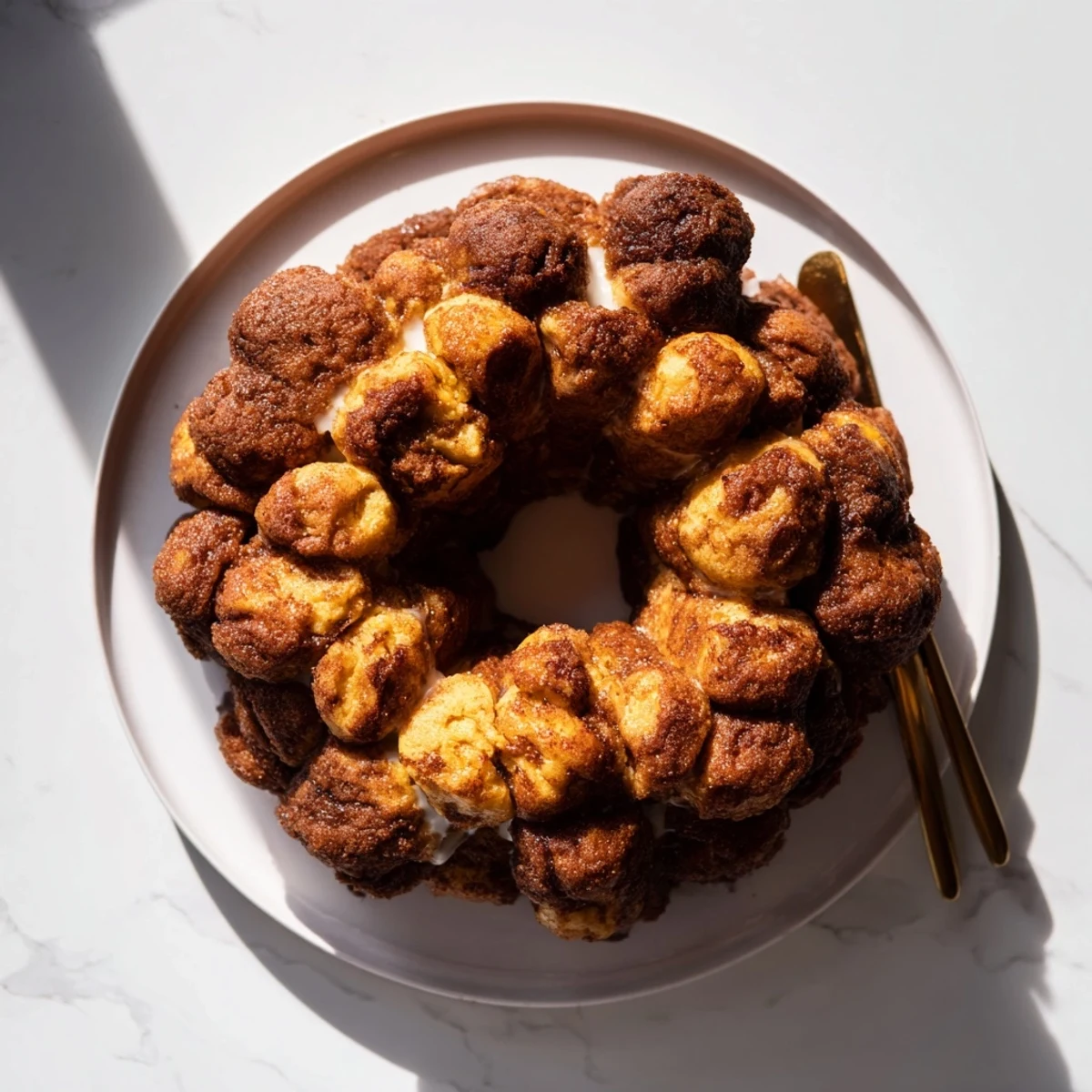 Golden high protein no sugar monkey bread with cinnamon coating drizzled with vanilla glaze
