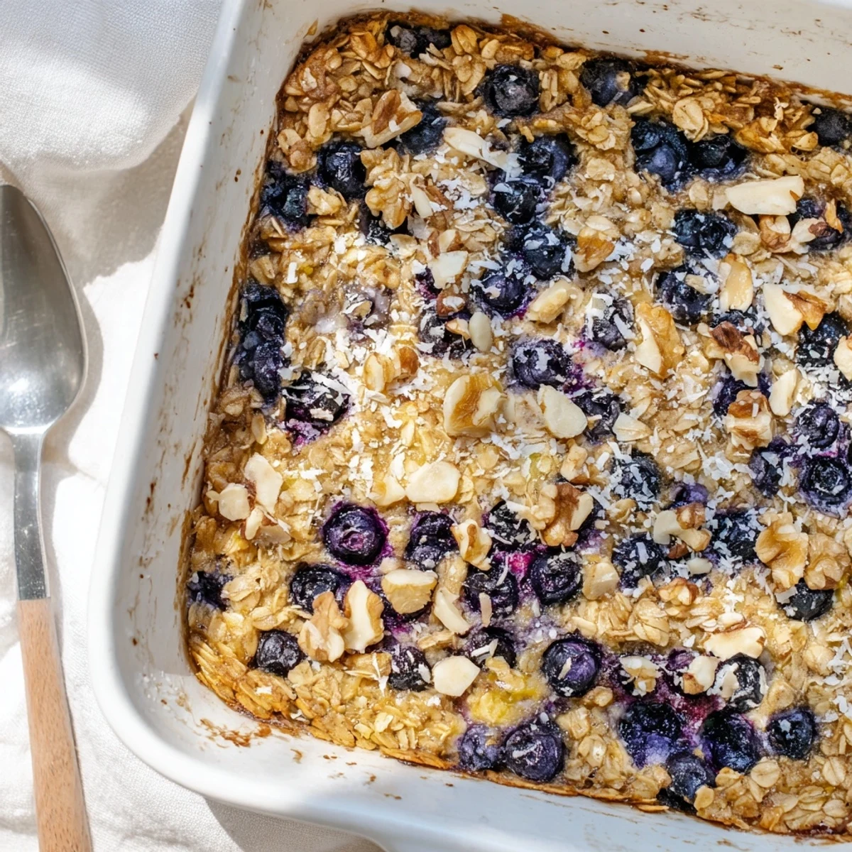 Golden lemon blueberry baked oatmeal with juicy berries bursting throughout the tender oats