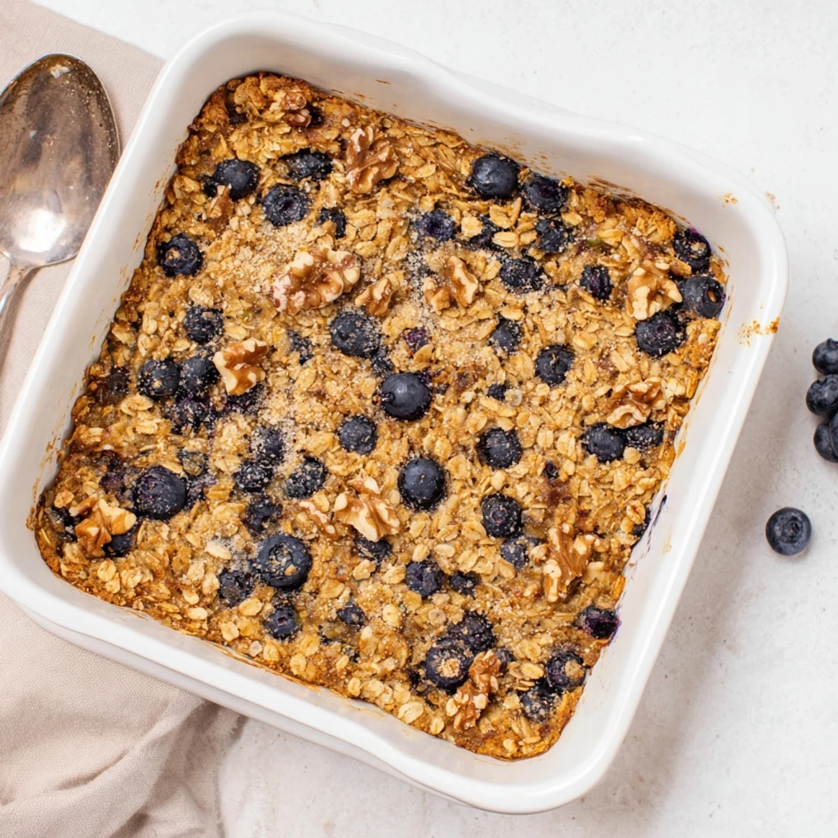 Warm breakfast casserole featuring plump blueberries and zesty lemon flavor in golden baked oatmeal squares