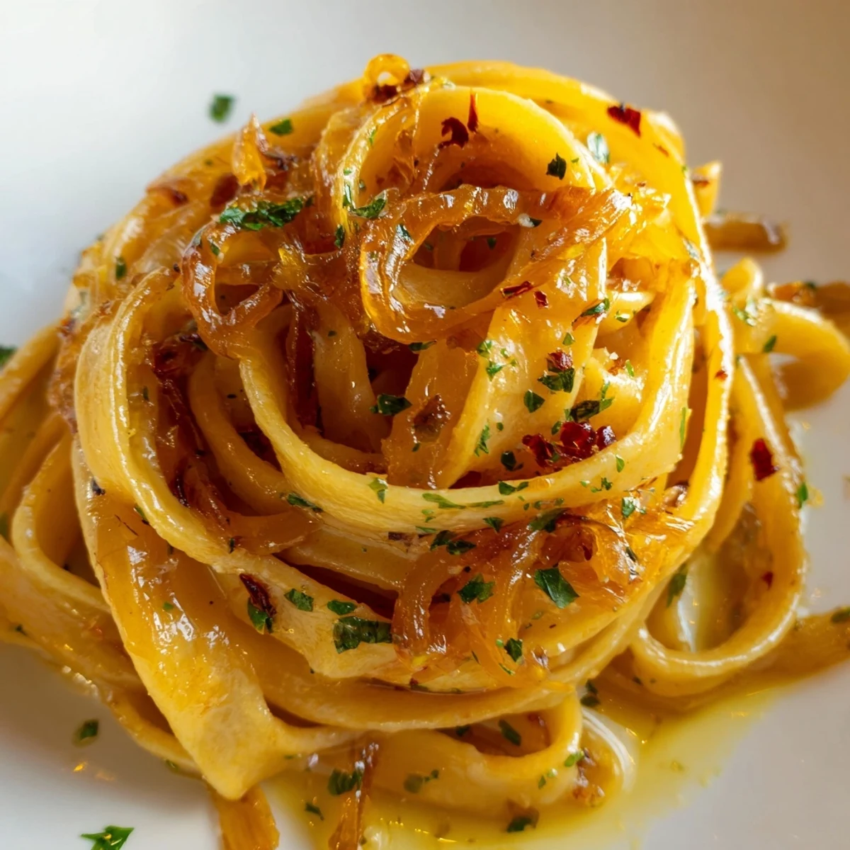 Creamy Sweet Heat Caramelized Onion Fettuccine twirled in a white bowl with fresh parsley garnish