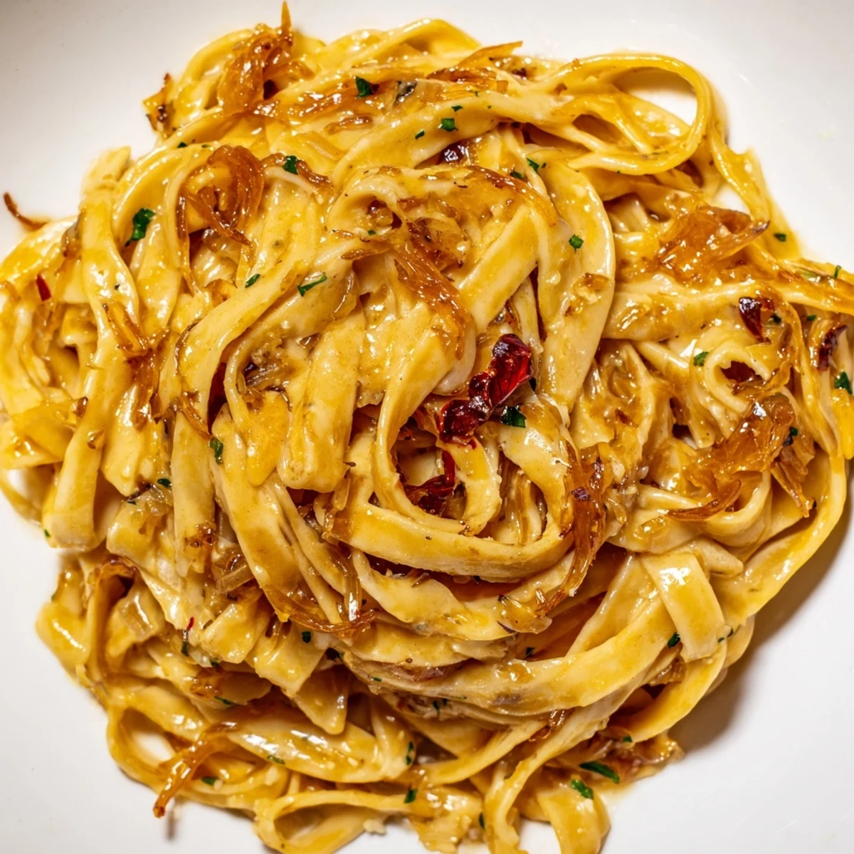Golden caramelized onions coat Sweet Heat Caramelized Onion Fettuccine in a velvety, spicy cream sauce
