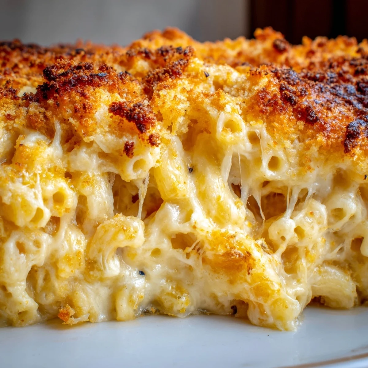 Golden three cheese baked macaroni with bubbly cheese sauce and crispy panko topping