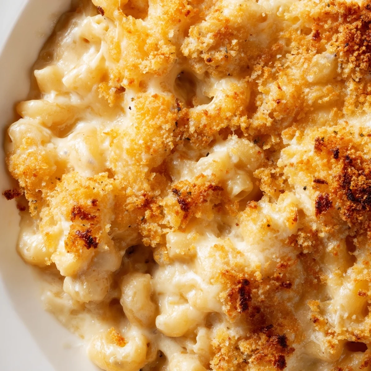 Creamy three cheese baked macaroni served steaming in a rustic ceramic dish