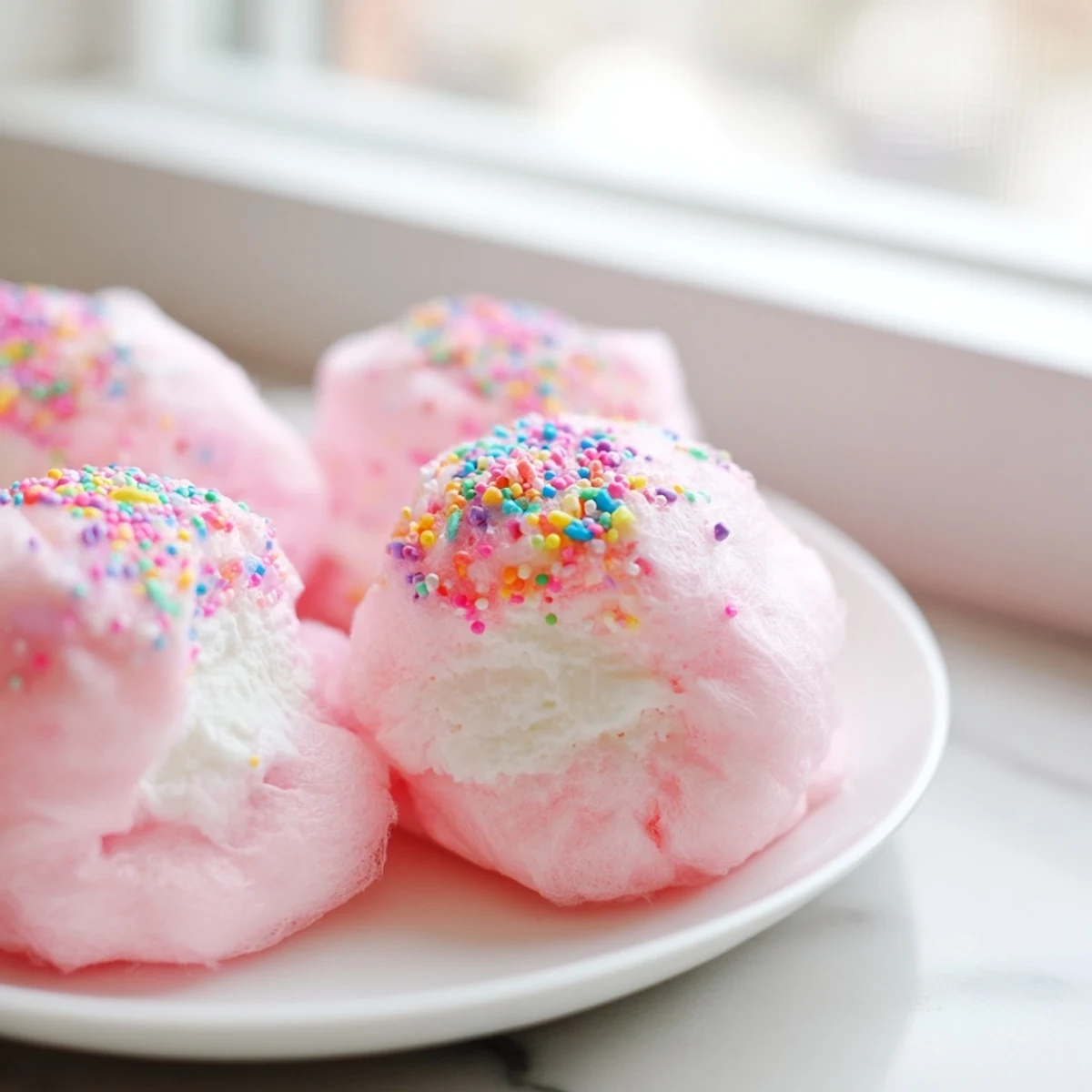 Pink cotton candy cheesecake puff balls on a white serving plate with sprinkles