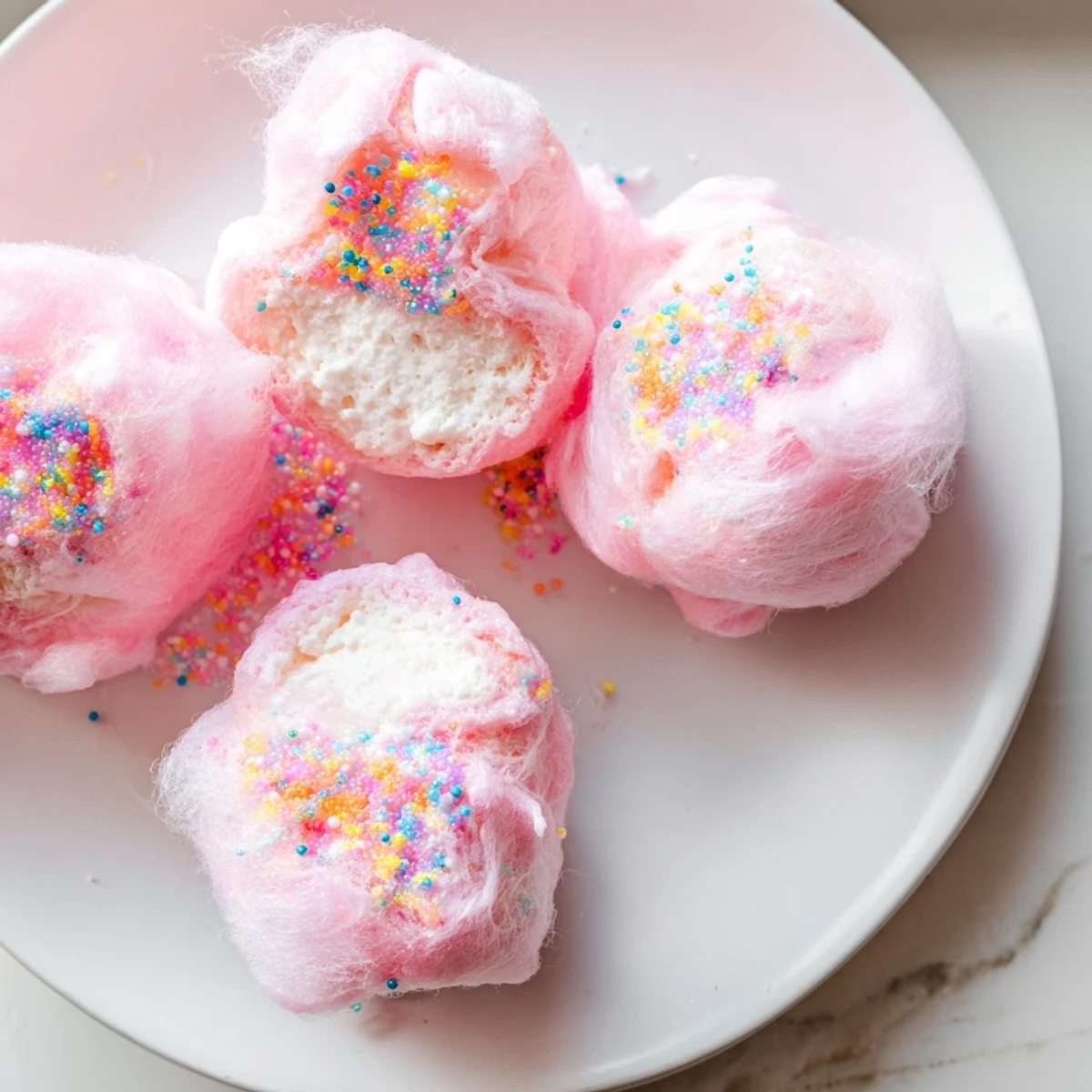 Bite-sized cotton candy cheesecake puff balls with fluffy pastel shells and creamy centers