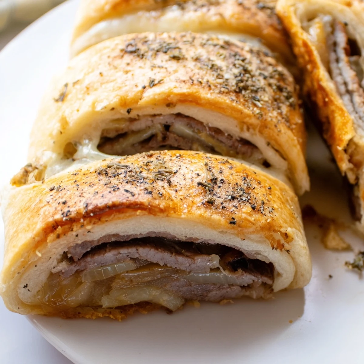 Golden beef and cheese French dip roll ups served with savory au jus dipping sauce