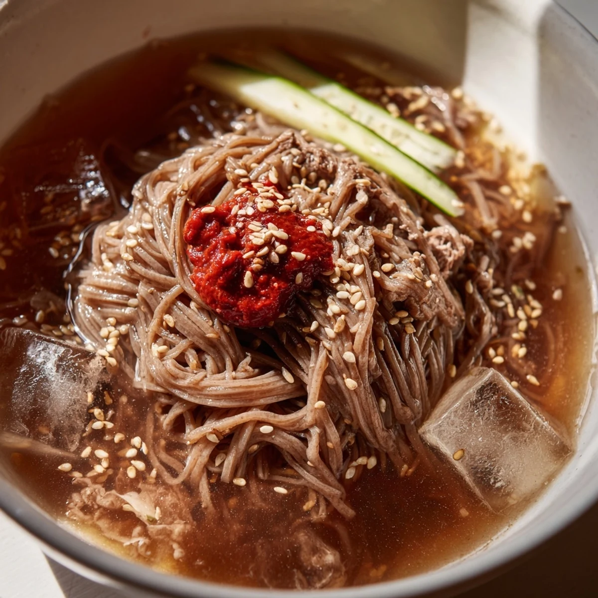 Chewy Korean naengmyeon noodles in tangy chilled broth topped with cucumber and egg