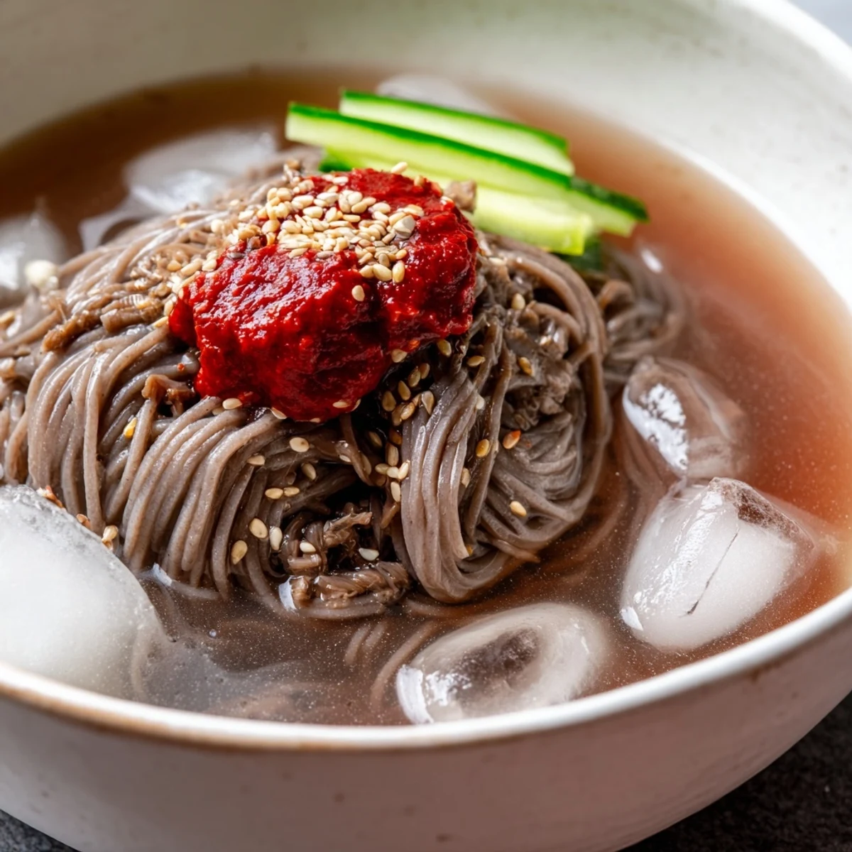 Cold Korean naengmyeon soup garnished with Asian pear slices and toasted sesame seeds