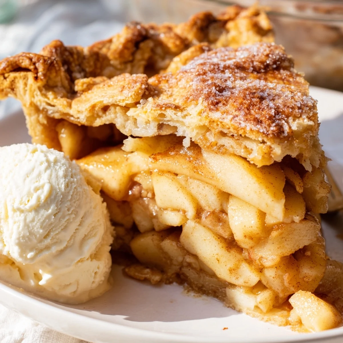 Golden brown apple pie with cinnamon spiced filling peeking through flaky lattice crust
