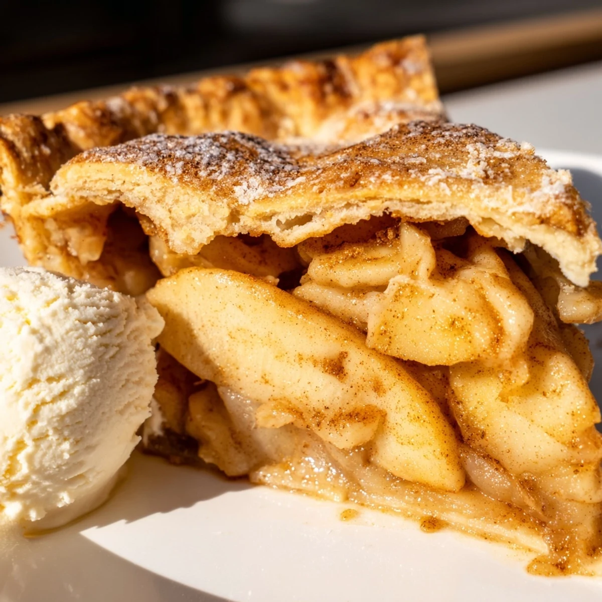 Warm apple pie slice served on white plate with melting vanilla ice cream