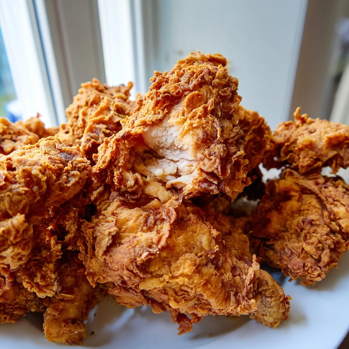 Crispy golden fried chicken pieces stacked on a wire rack, steaming hot and ready to serve