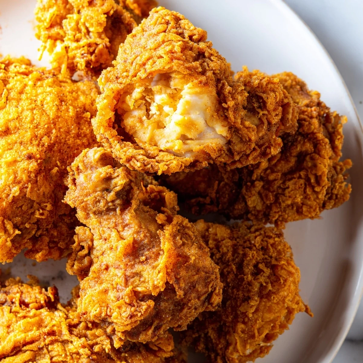 Close-up of crunchy buttermilk fried chicken showing a juicy interior with golden brown seasoned crust