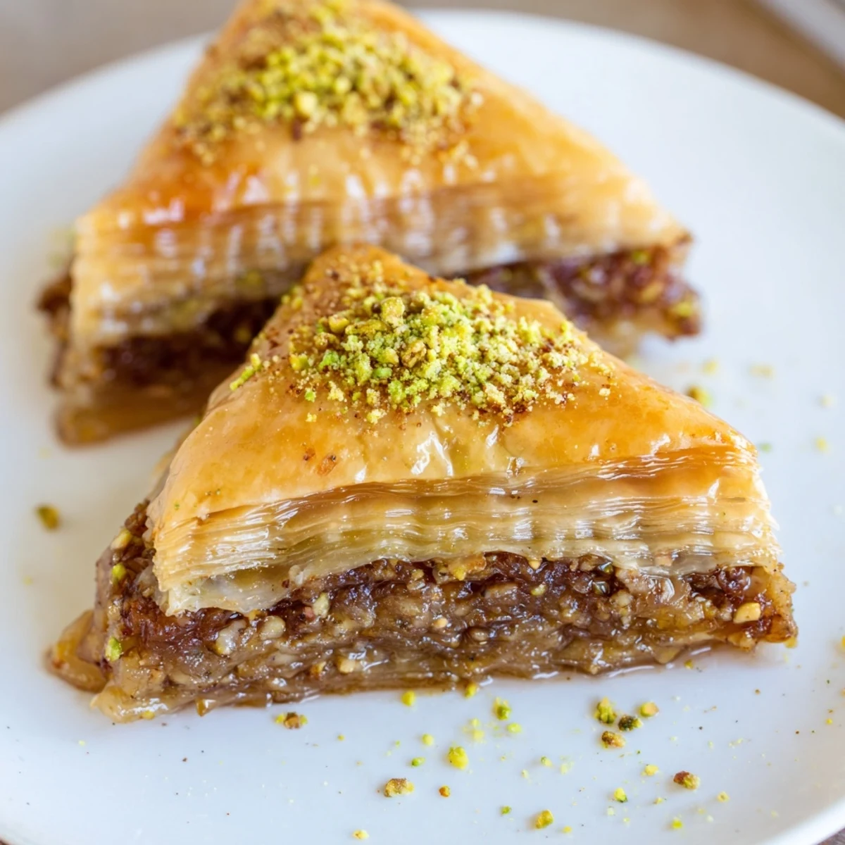 Golden Bosnian baklava diamond cut, glistening with sweet syrup and spiced walnuts