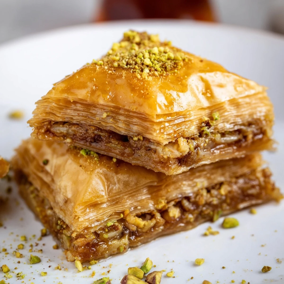 Crisp layered Bosnian baklava topped with chopped pistachios on a white serving plate