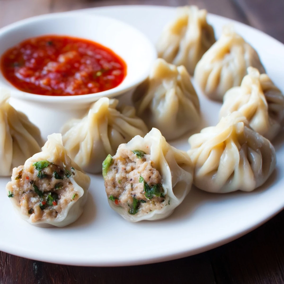 Steamed Nepali momo dumplings plated with vibrant red tomato sesame dipping sauce