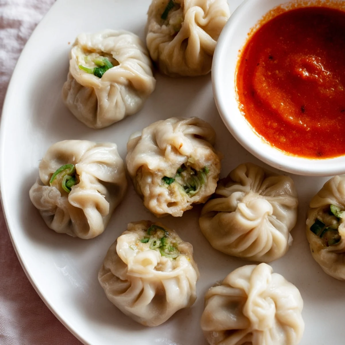 Plump Nepali momo dumplings resting in a bamboo steamer ready to serve