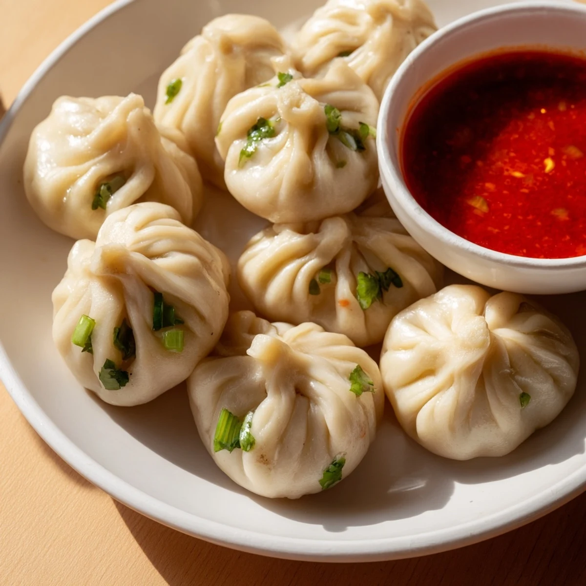 Glistening Nepali momo dumplings arranged on a plate with spicy chutney alongside