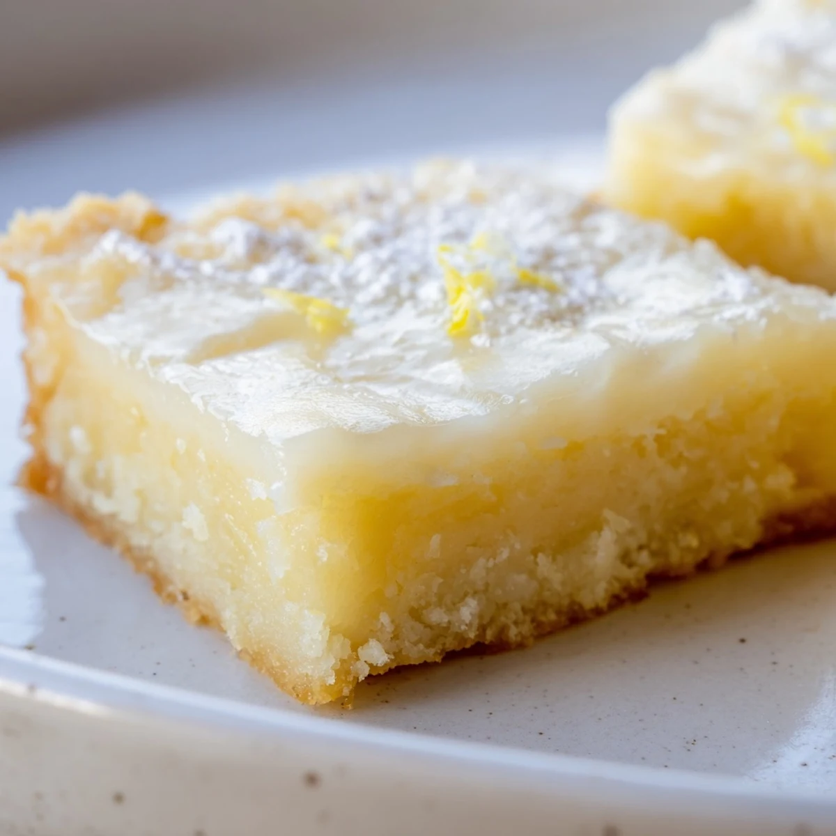 Golden Lemon Gooey Butter Cake squares dusted with powdered sugar on a rustic white serving plate