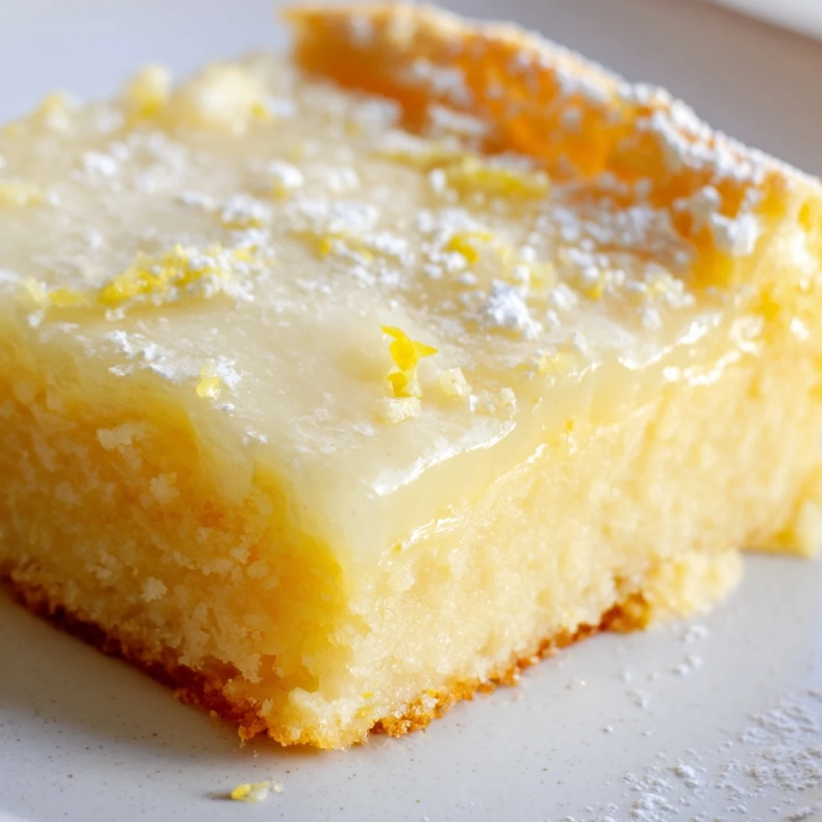 Creamy Lemon Gooey Butter Cake with glossy custard topping fresh from the oven pan