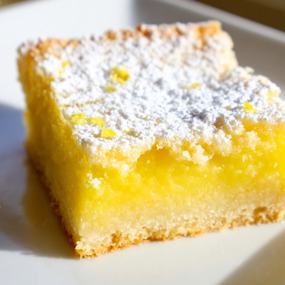 Golden lemon bars dusted with powdered sugar on a rustic white serving plate
