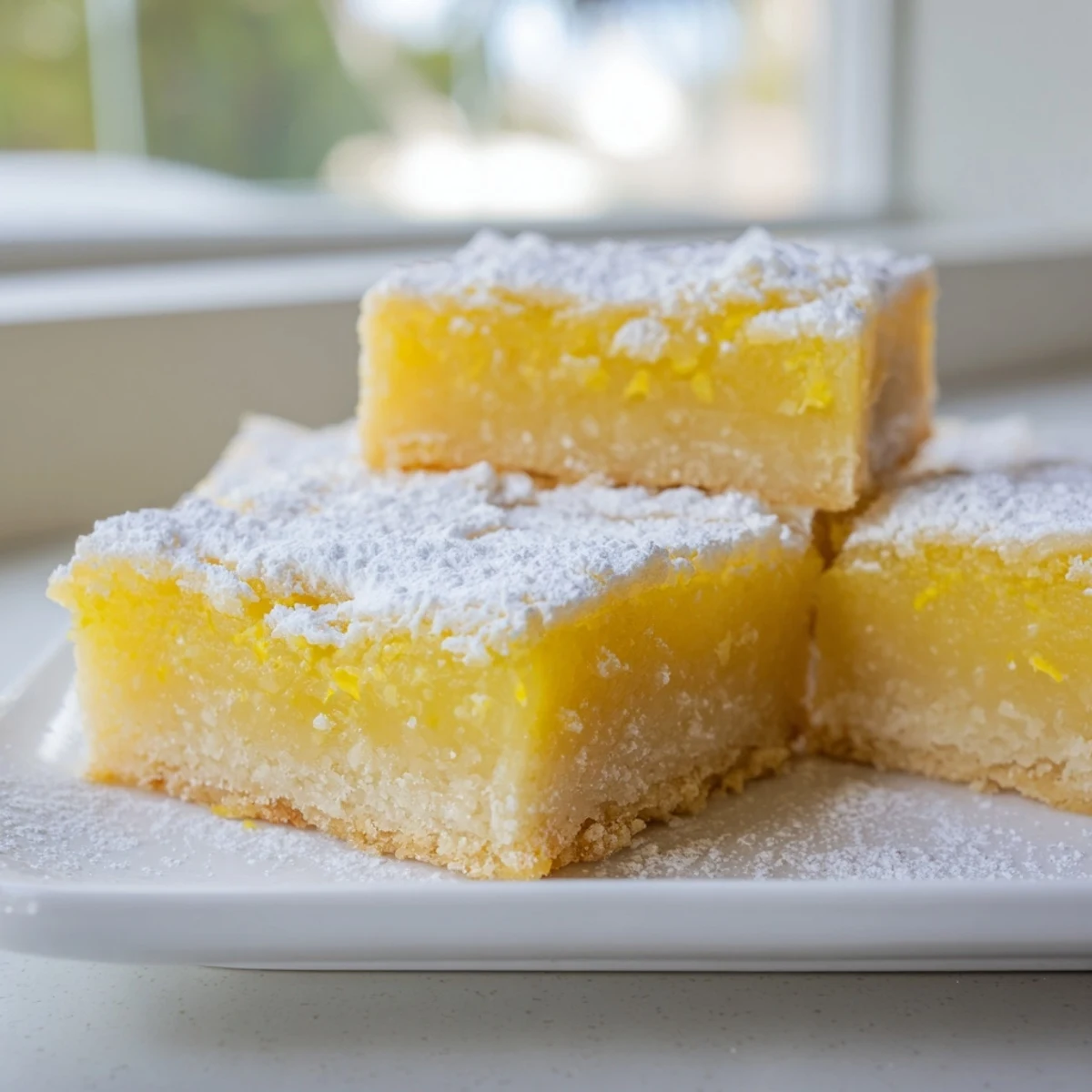 Bright yellow lemon bars showcased on a decorative plate with powdered sugar topping