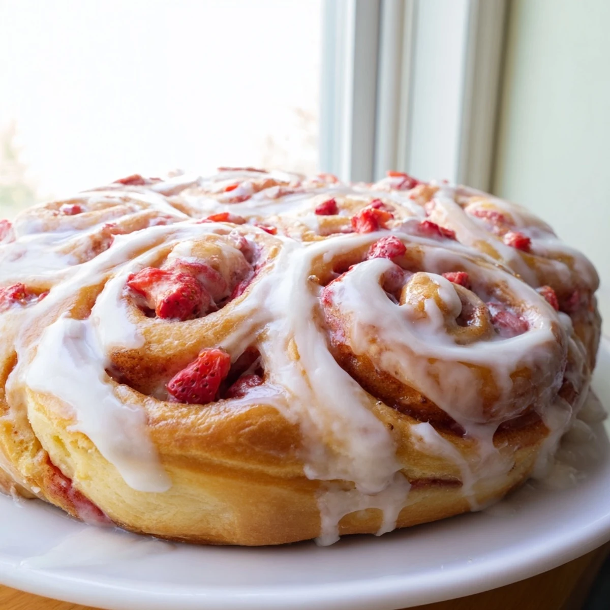 Golden strawberry cheesecake Cinnabon rolls drizzled with creamy vanilla glaze on a white plate