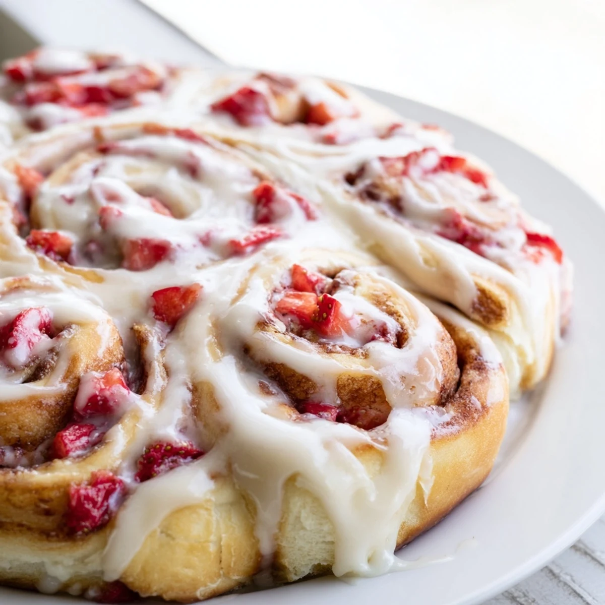 Fresh strawberry cheesecake Cinnabon rolls with swirled cinnamon filling and sweet vanilla icing dripping