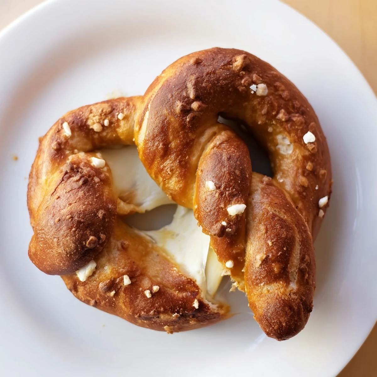 Golden brown mozzarella stuffed soft pretzels with coarse salt sprinkled on top ready for dipping