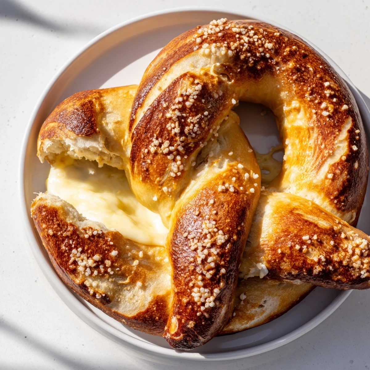 Warm mozzarella stuffed soft pretzels oozing melted cheese from a chewy golden twisted crust