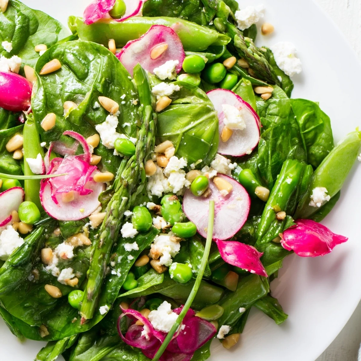 Bright Spring Salad with crisp greens, radishes, and tangy citrus vinaigrette in a rustic wooden bowl
