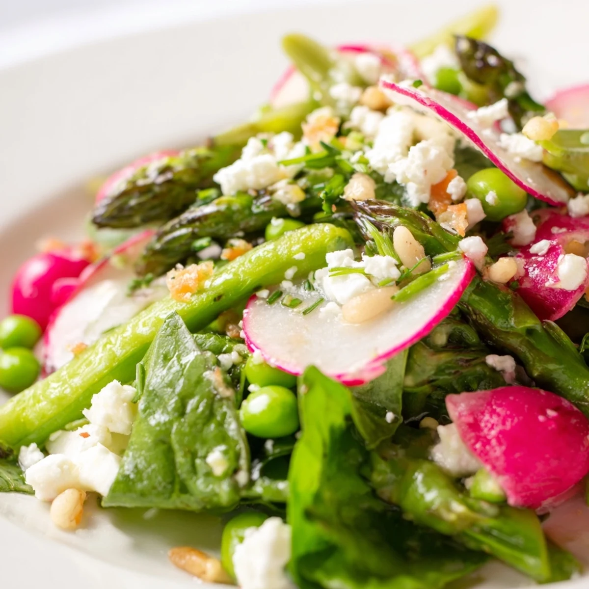 Fresh Bright Spring Salad topped with crumbled feta, toasted sunflower seeds, and vibrant seasonal vegetables