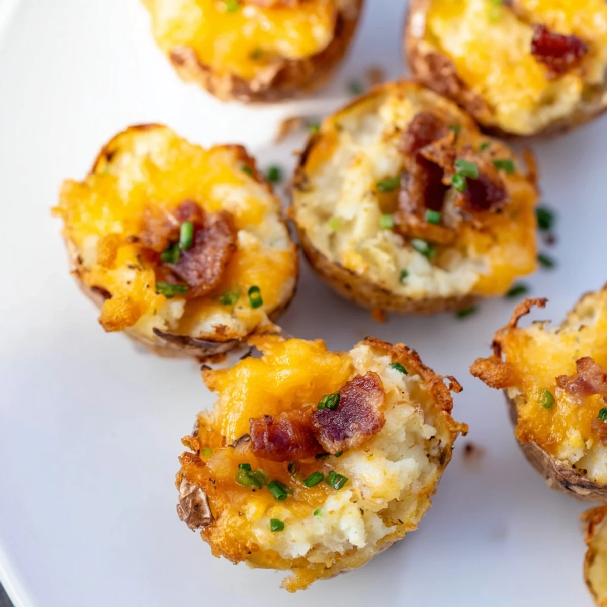 Golden Irish Potato Bites topped with melted cheddar and fresh chives on rustic parchment paper