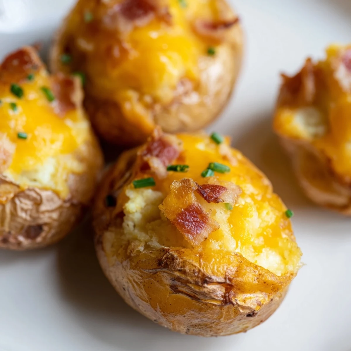 Crispy Irish Potato Bites filled with savory bacon and creamy cheese on white serving platter