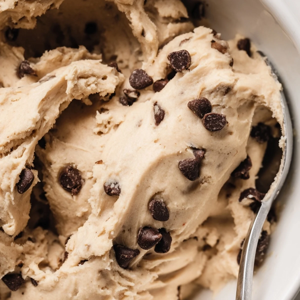 Creamy chocolate chip cookie dough scooped into balls with mini chocolate chips throughout